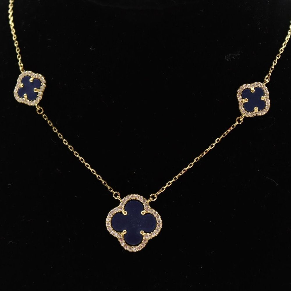 New RACHEL ZOE 18K Gold Silver Blue Stone Three Clover Cubic Zirconia Necklace